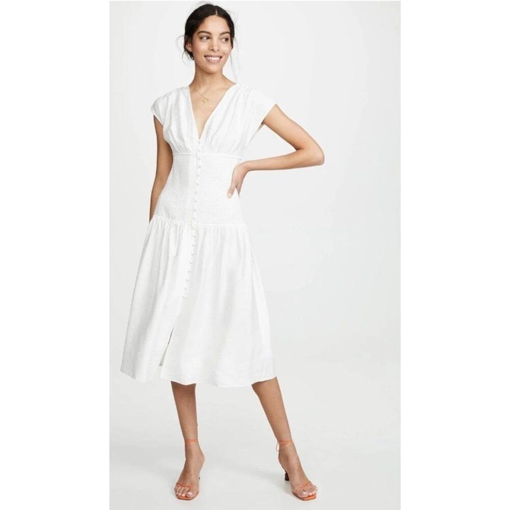 Keepsake The Label White Secure Midi Dress V-neckline smocked waist button Sz M